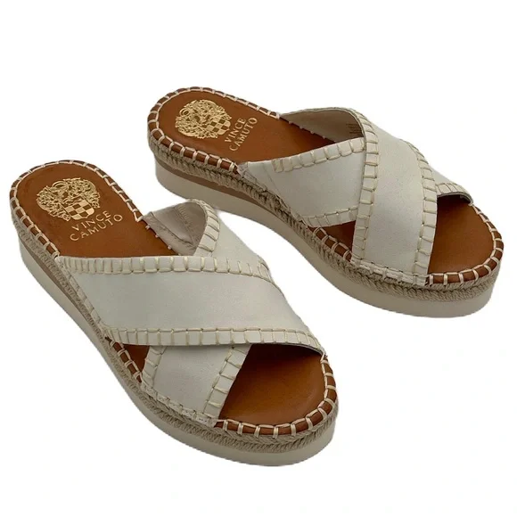 Vince Camuto Leather Sandal Size 6M Slip On Crossband Resort Summer Beach Ivory - Picture 2 of 11